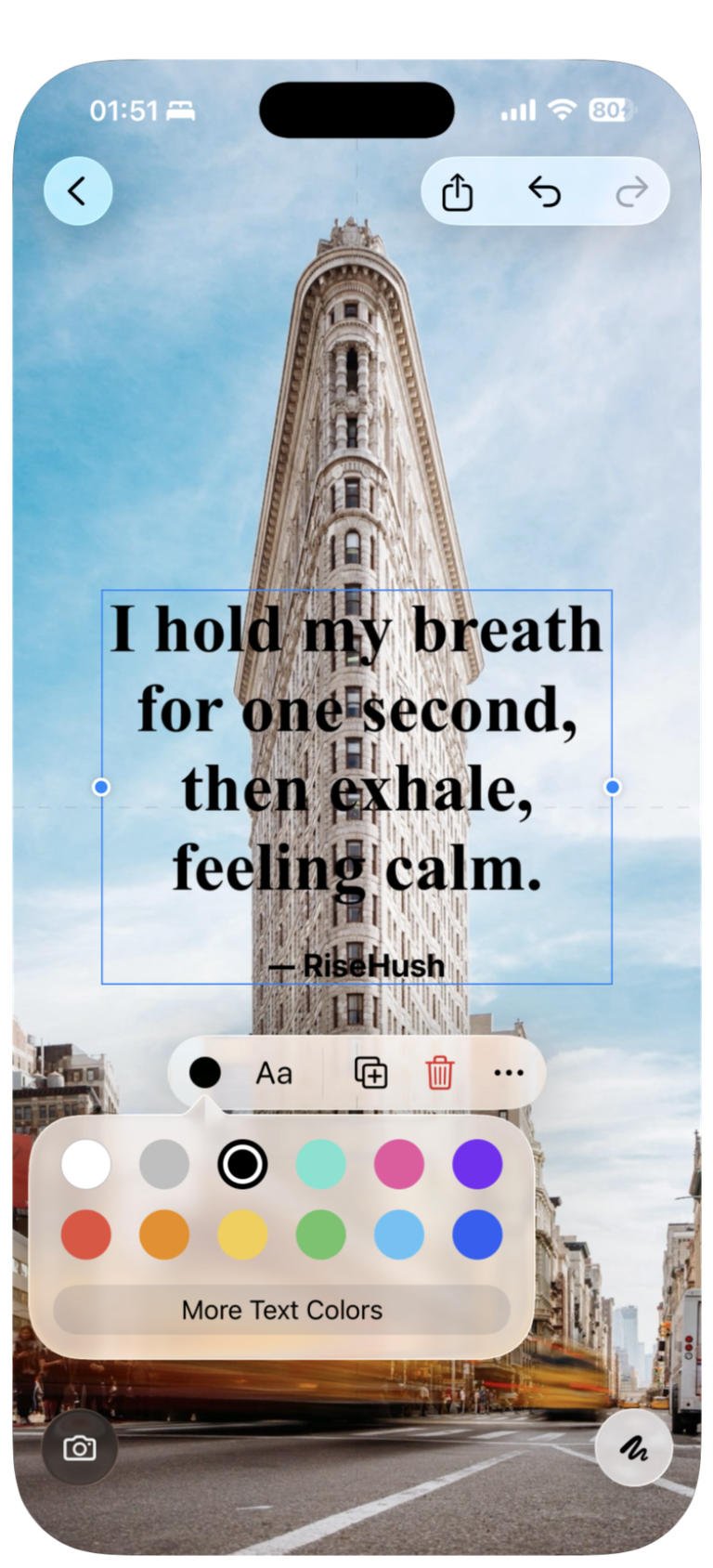 RiseHush Theme Editor with a mountain background