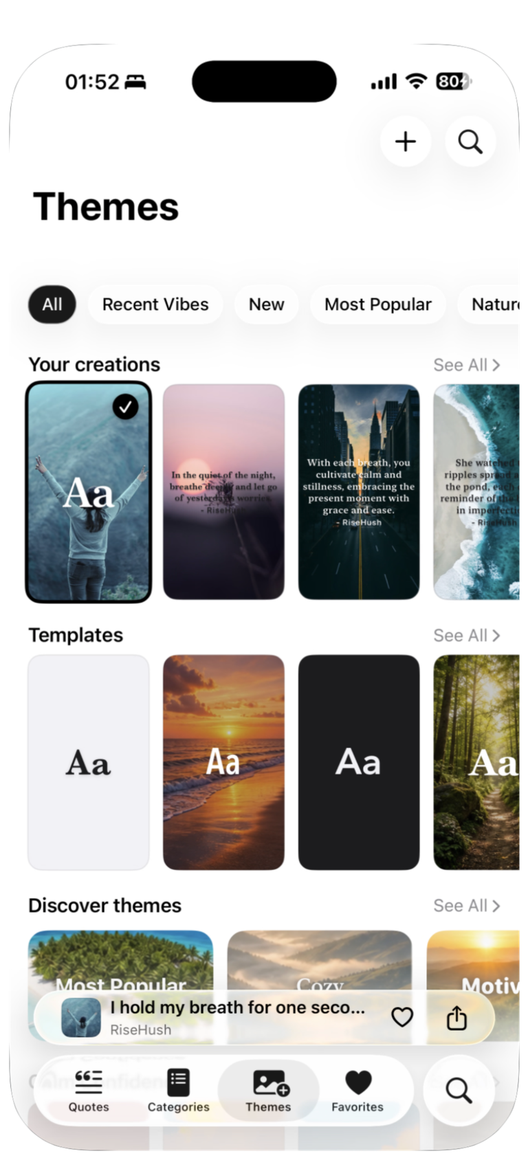 The RiseHush theme browser showing editorial quote themes