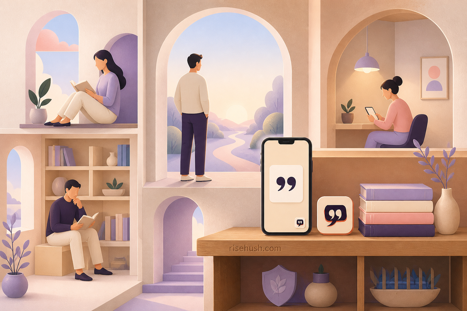 Original RiseHush editorial illustration interpreting what makes the best motivation app for daily quotes? a useful comparison framework, with a subtle in-scene risehush.com maker's mark