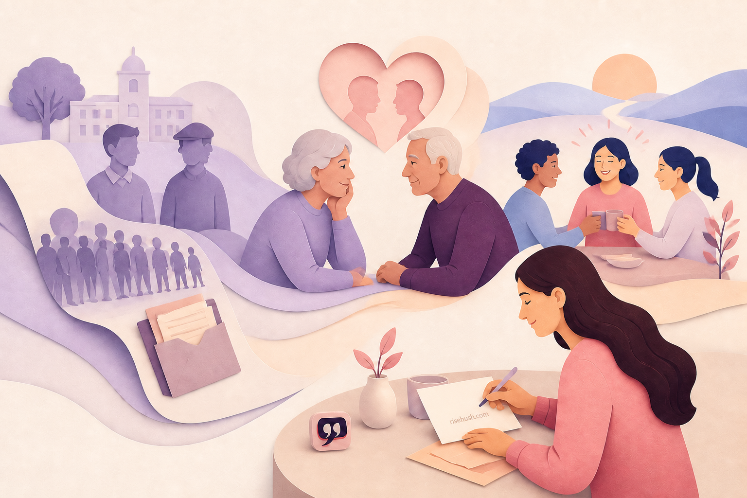 Original RiseHush editorial illustration interpreting how to have better relationships, according to the longest study of happiness, with a subtle in-scene risehush.com maker's mark