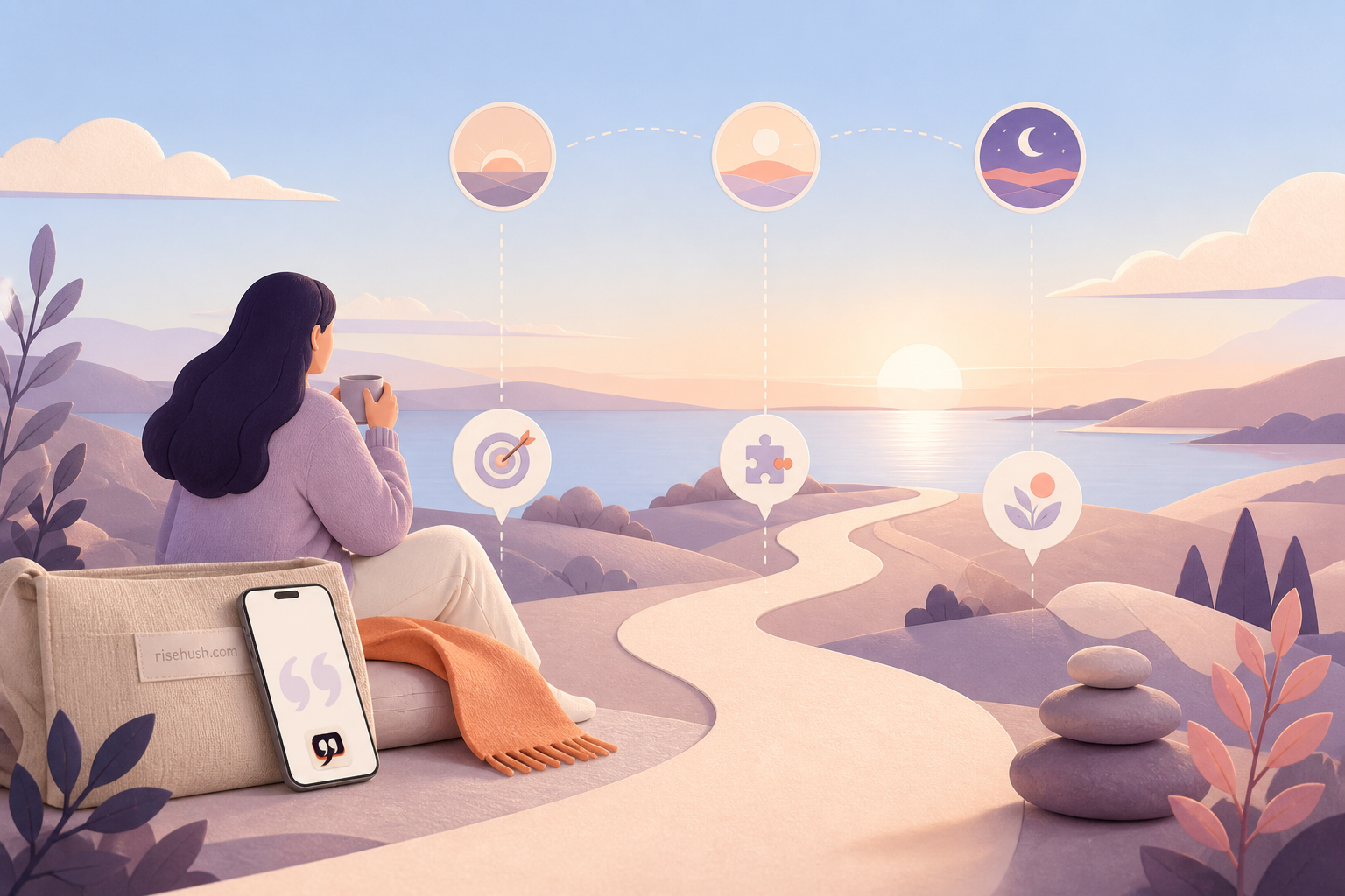 Original RiseHush editorial illustration interpreting how to use a daily motivation app without building another notification habit, with a subtle in-scene risehush.com maker's mark