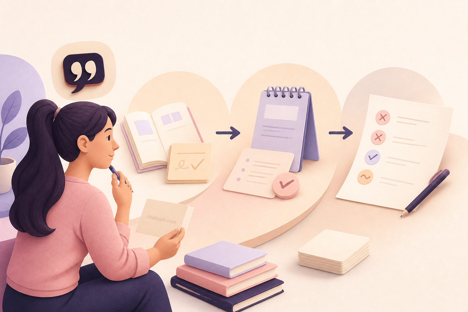 Original RiseHush editorial illustration interpreting daily motivation for study should end in retrieval, with a subtle in-scene risehush.com maker's mark
