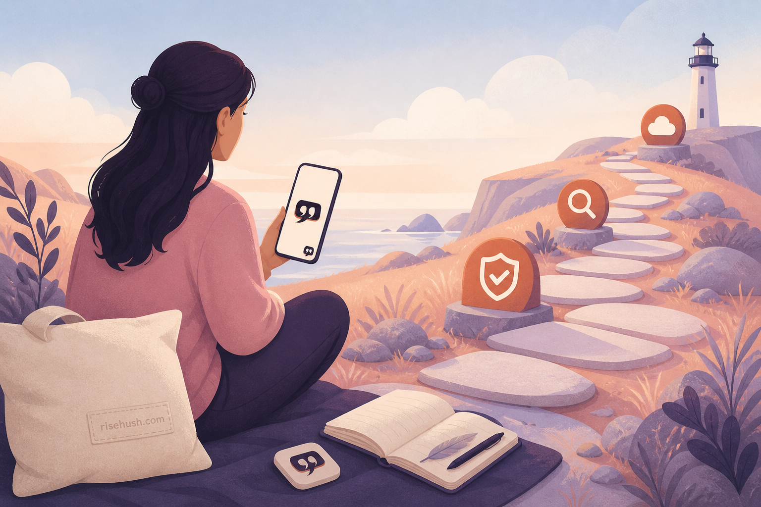 Original RiseHush editorial illustration interpreting from @generable to swiftdata: an on-device quote-quality pipeline, with a subtle in-scene risehush.com maker's mark