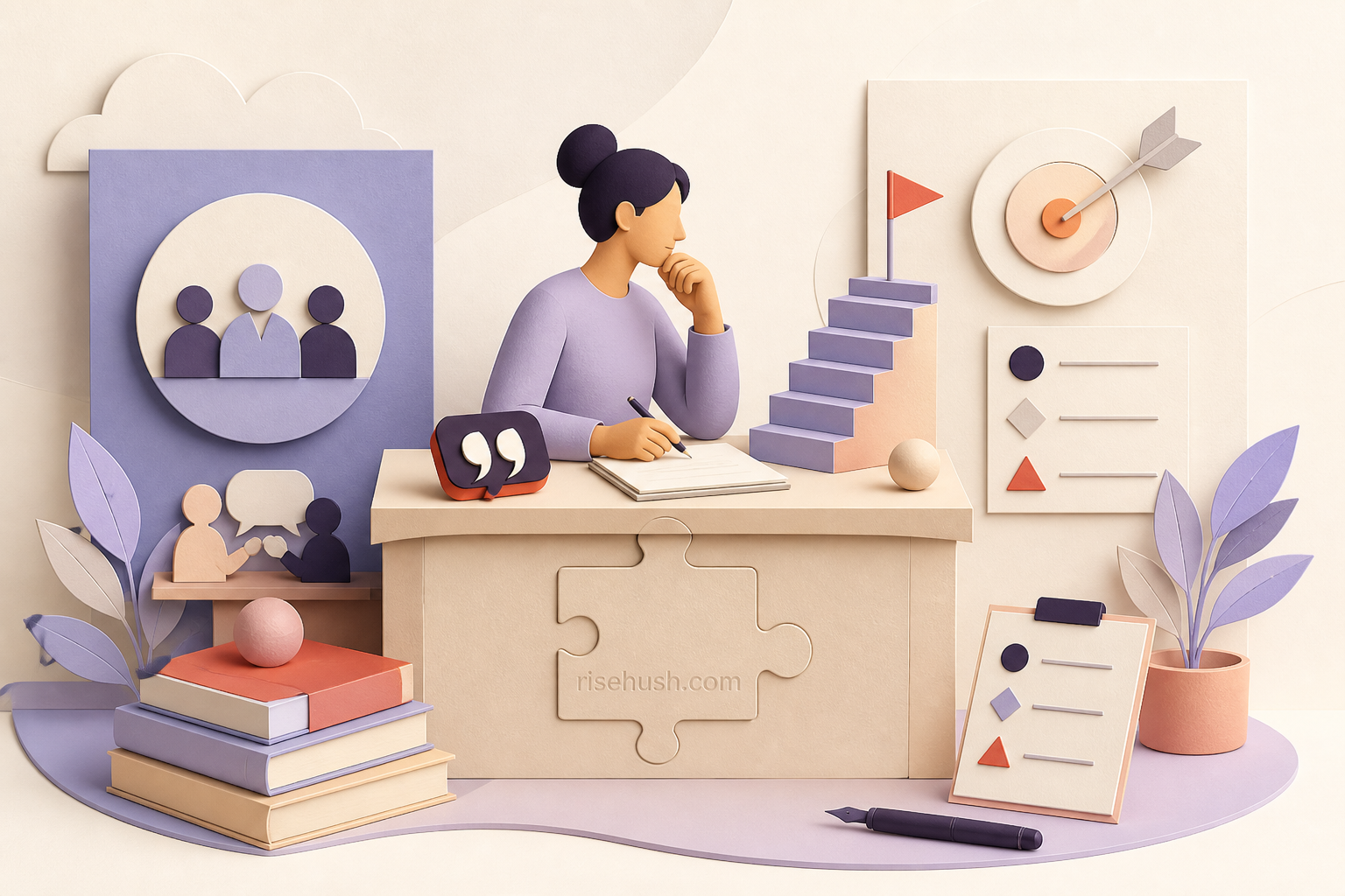 Original RiseHush editorial illustration interpreting growth mindset is not a magic phrase, with a subtle in-scene risehush.com maker's mark