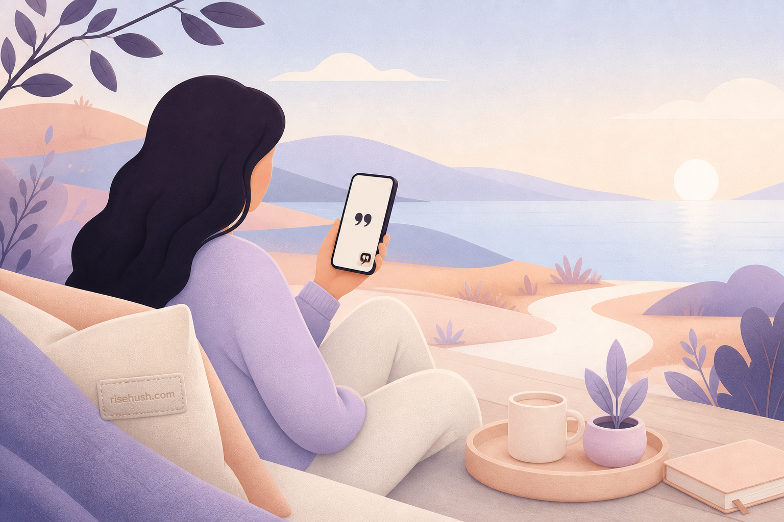 Original RiseHush editorial illustration interpreting how to put a motivational quote on an iphone lock screen, with a subtle in-scene risehush.com maker's mark