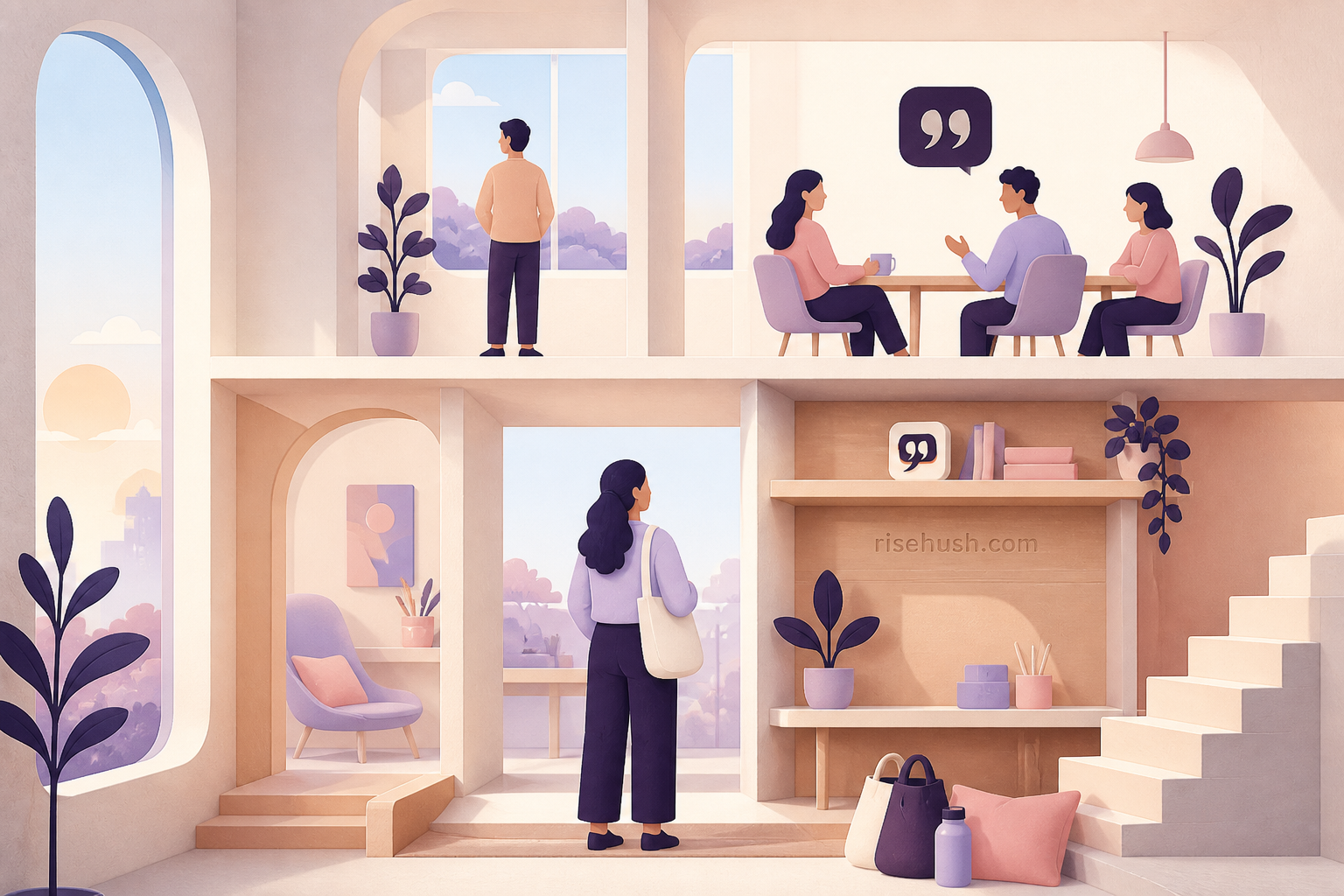 Original RiseHush editorial illustration interpreting motivation apps for work: use a quote without turning pressure into culture, with a subtle in-scene risehush.com maker's mark