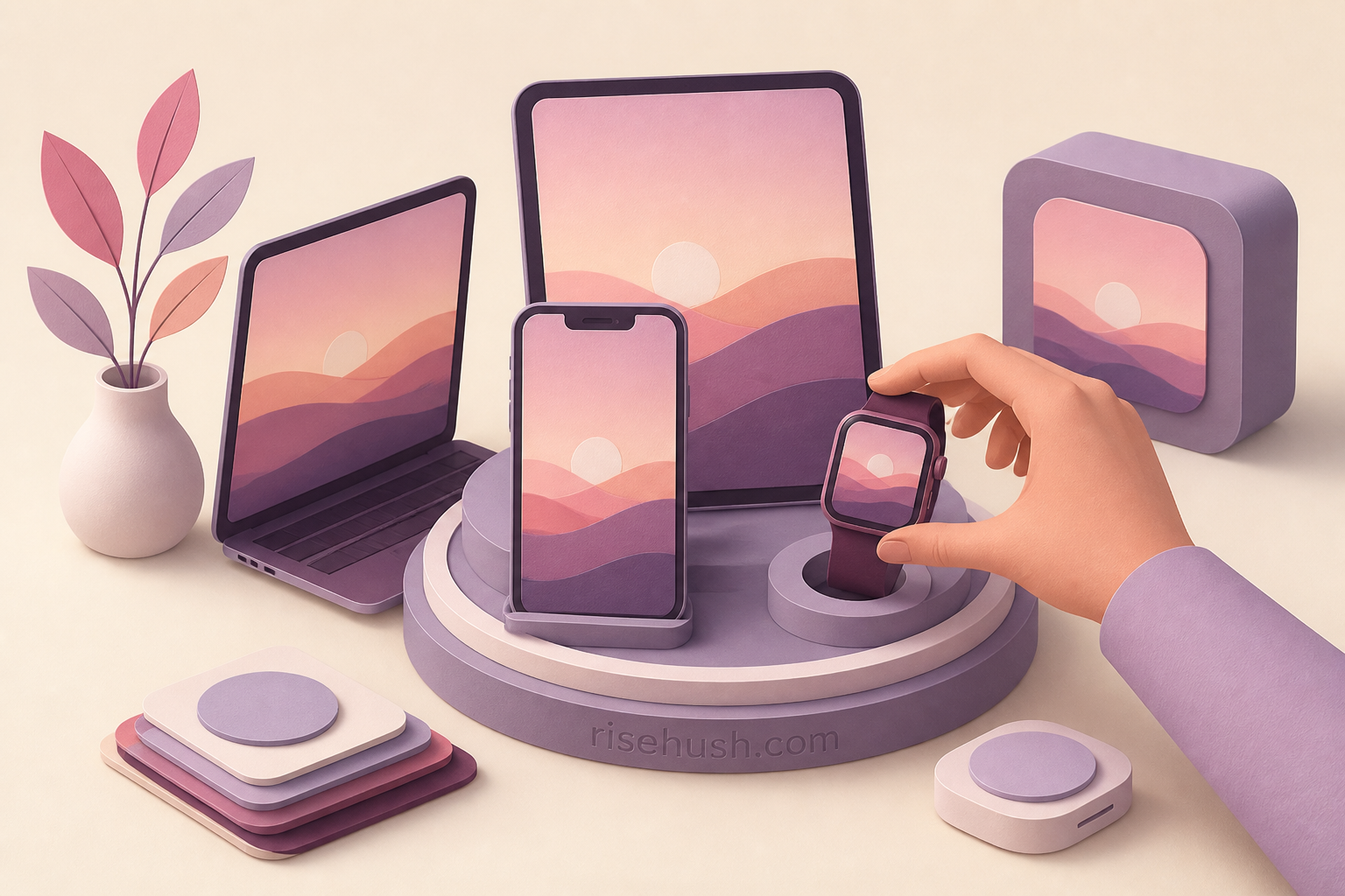 Editorial illustration of a hand arranging a smartwatch beside a phone, tablet, laptop, and framed display in a coordinated dawn palette — risehush.com