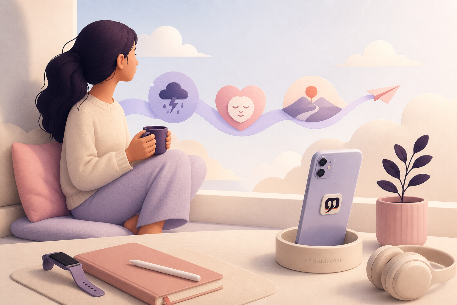 Original RiseHush editorial illustration interpreting positive mindset without toxic positivity, with a subtle in-scene risehush.com maker's mark