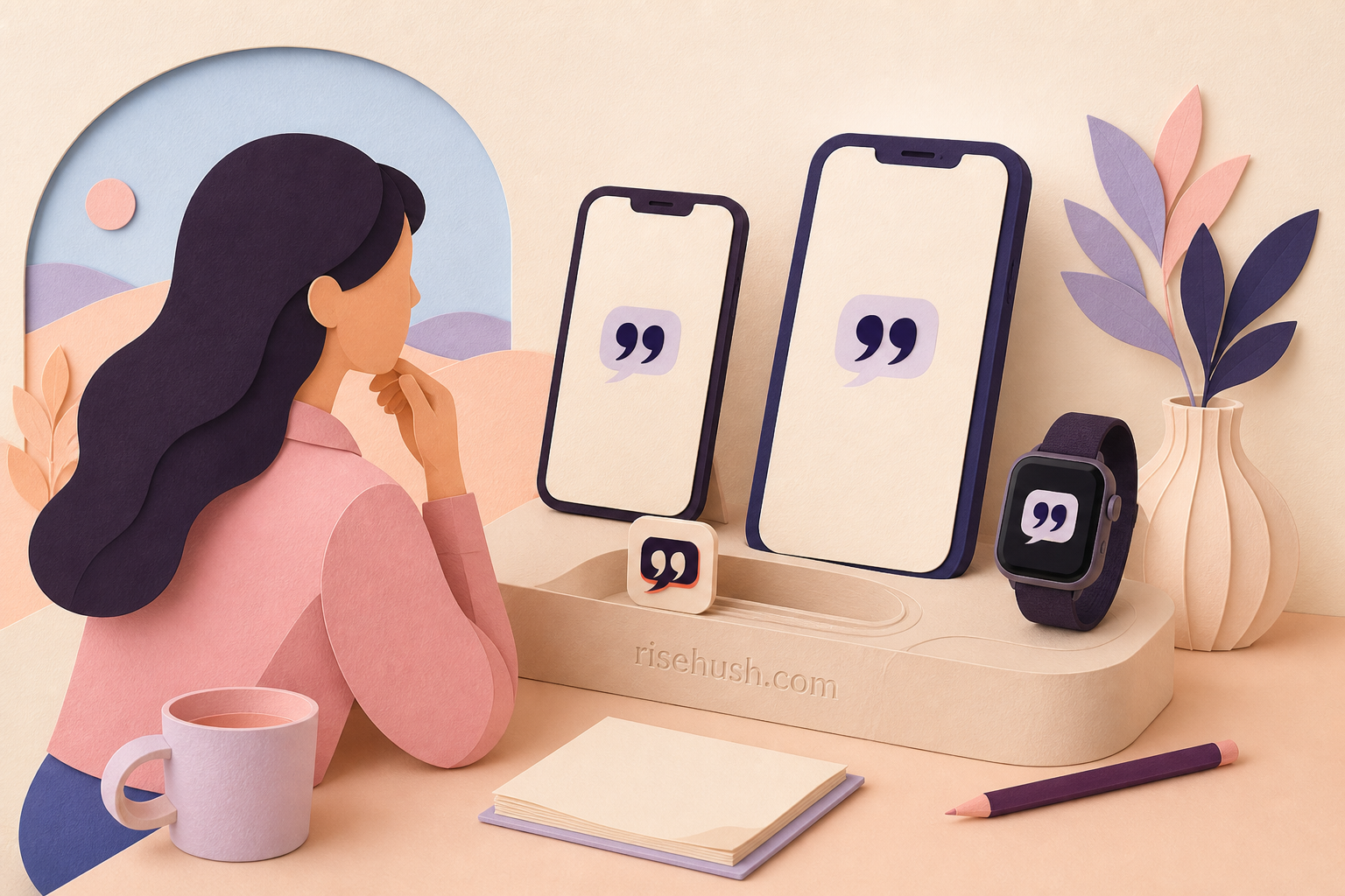 Original RiseHush editorial illustration interpreting the best quote widgets for iphone and apple watch are the ones you keep, with a subtle in-scene risehush.com maker's mark