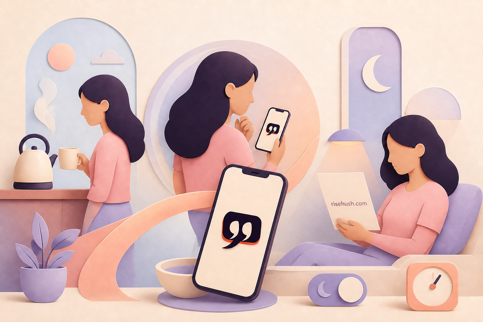 Original RiseHush editorial illustration interpreting how to use motivation reminders without notification fatigue, with a subtle in-scene risehush.com maker's mark