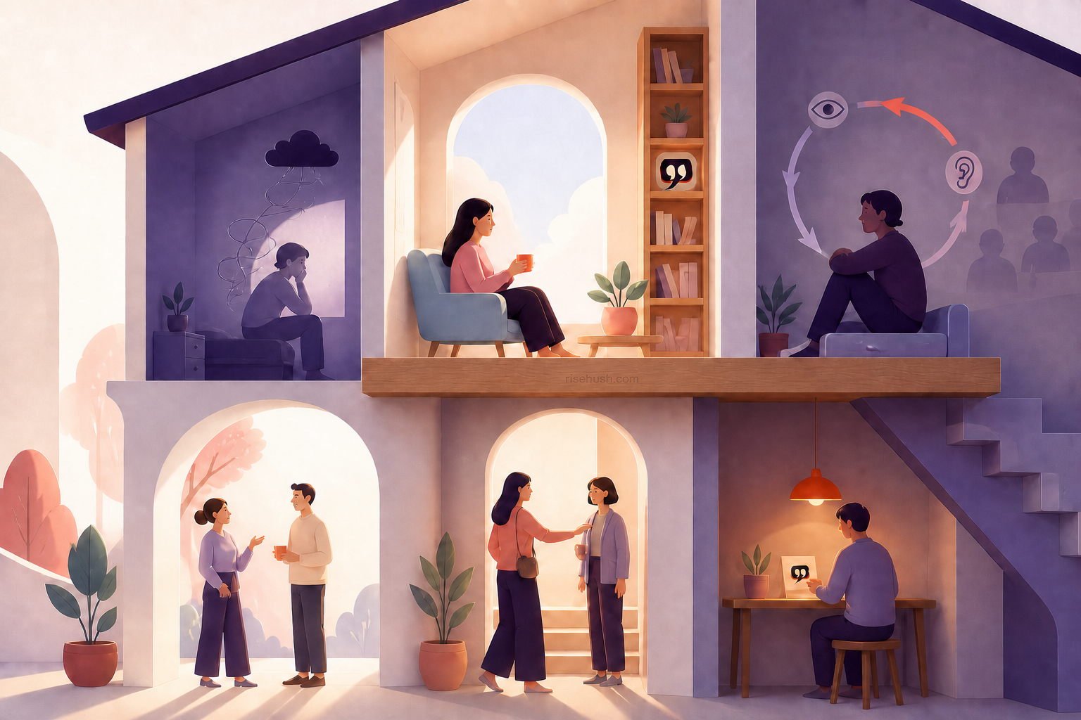 Original RiseHush editorial illustration interpreting the science of loneliness: why disconnection hurts health — and what small, rhythmic contact can do, with a subtle in-scene risehush.com maker's mark