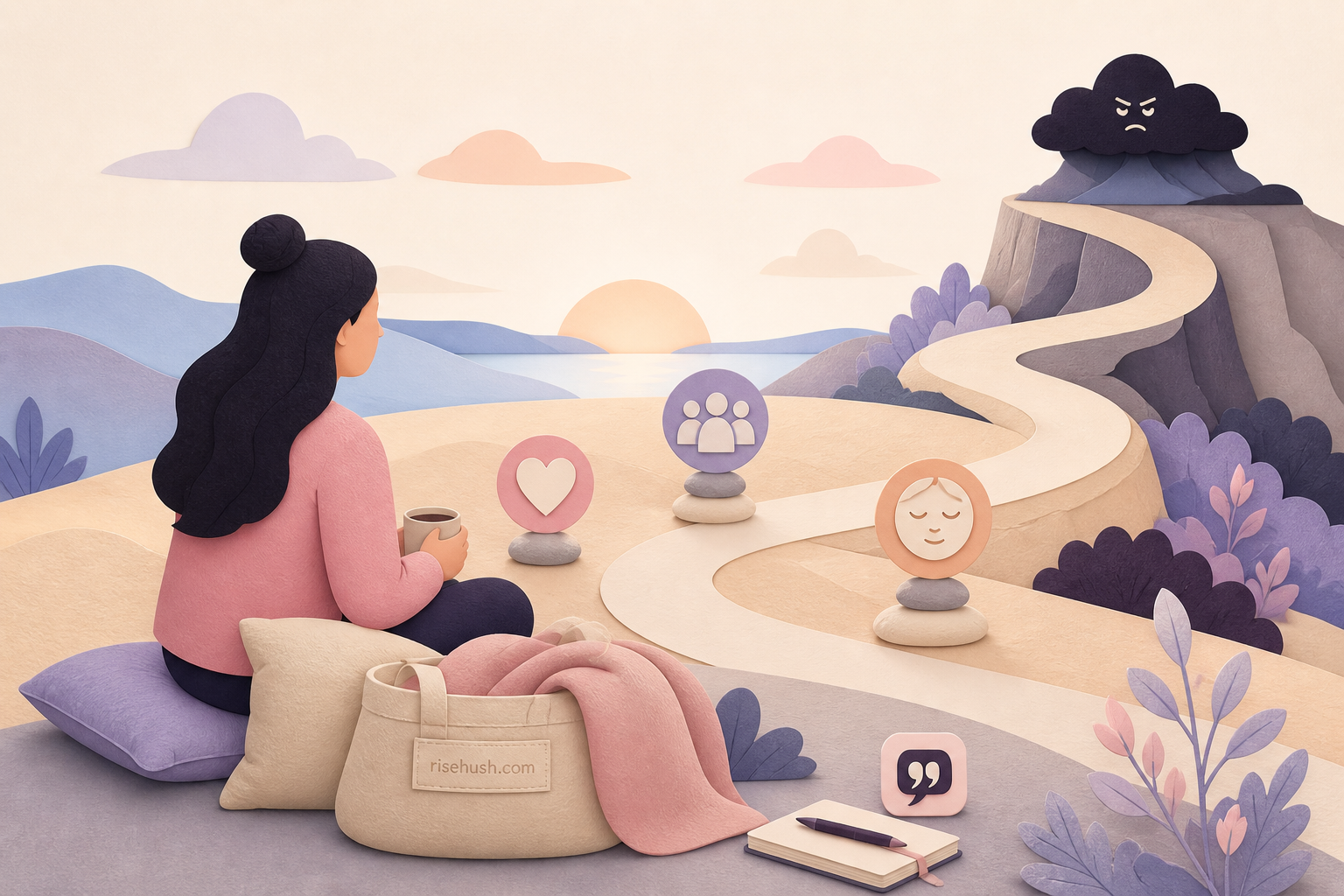 Original RiseHush editorial illustration interpreting the science of self-compassion: kindness that improves, not excuses, with a subtle in-scene risehush.com maker's mark