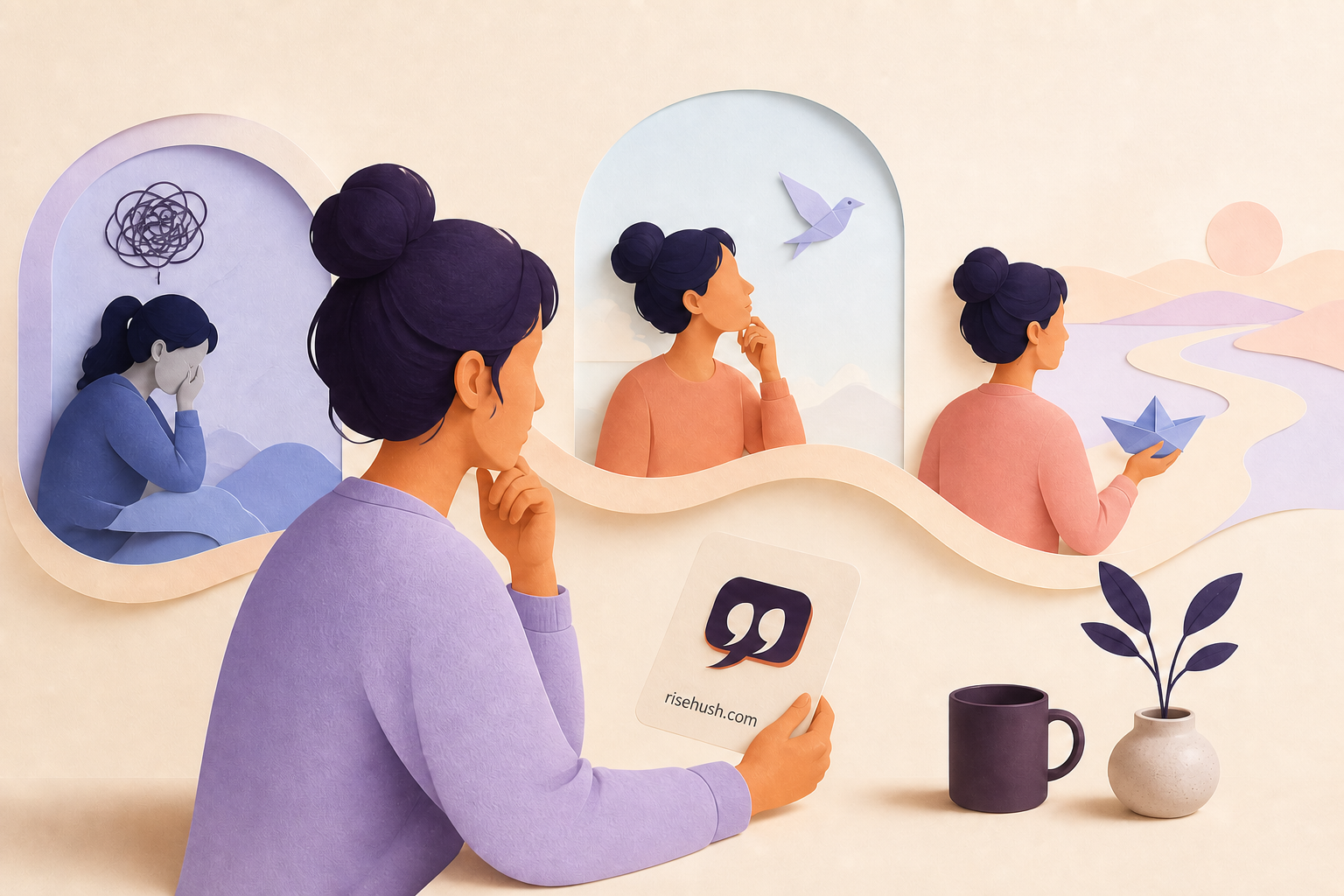 Original RiseHush editorial illustration interpreting self-talk, agency, and kinder language that stays accurate, with a subtle in-scene risehush.com maker's mark