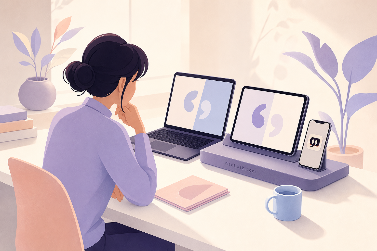 Original RiseHush editorial illustration interpreting a small self-talk shift for stressful moments, with a subtle in-scene risehush.com maker's mark