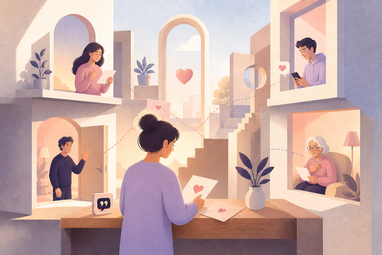 Original RiseHush editorial illustration interpreting the science of small acts of kindness — and why they land bigger than you think, with a subtle in-scene risehush.com maker's mark
