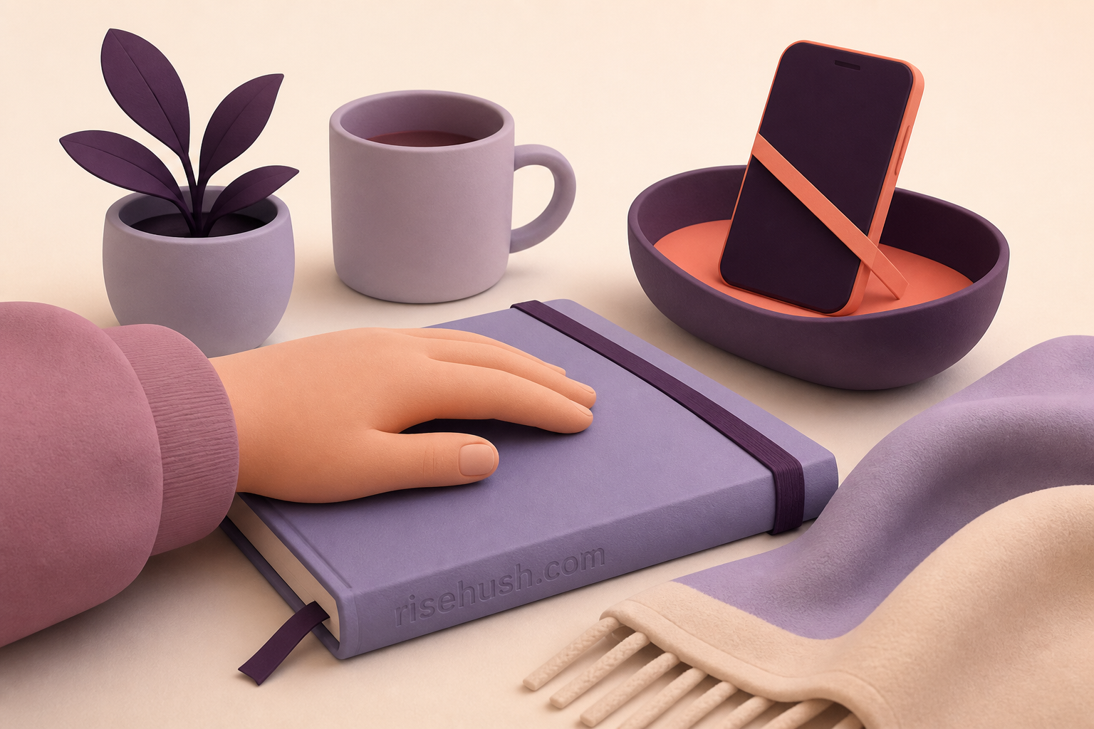 Open hardcover book on a wool blanket in dusk window light — risehush.com