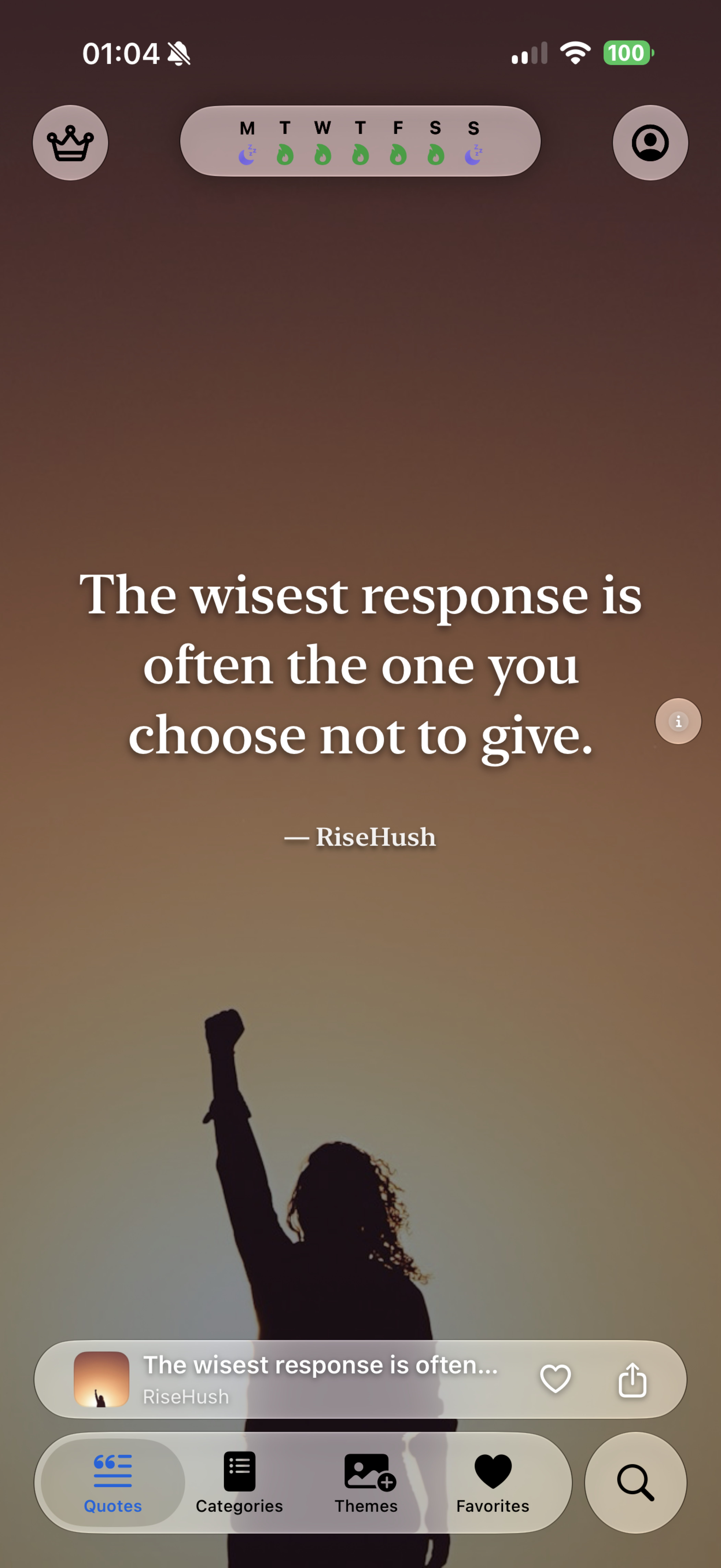 A verified motivational quote in the RiseHush feed on a supported device