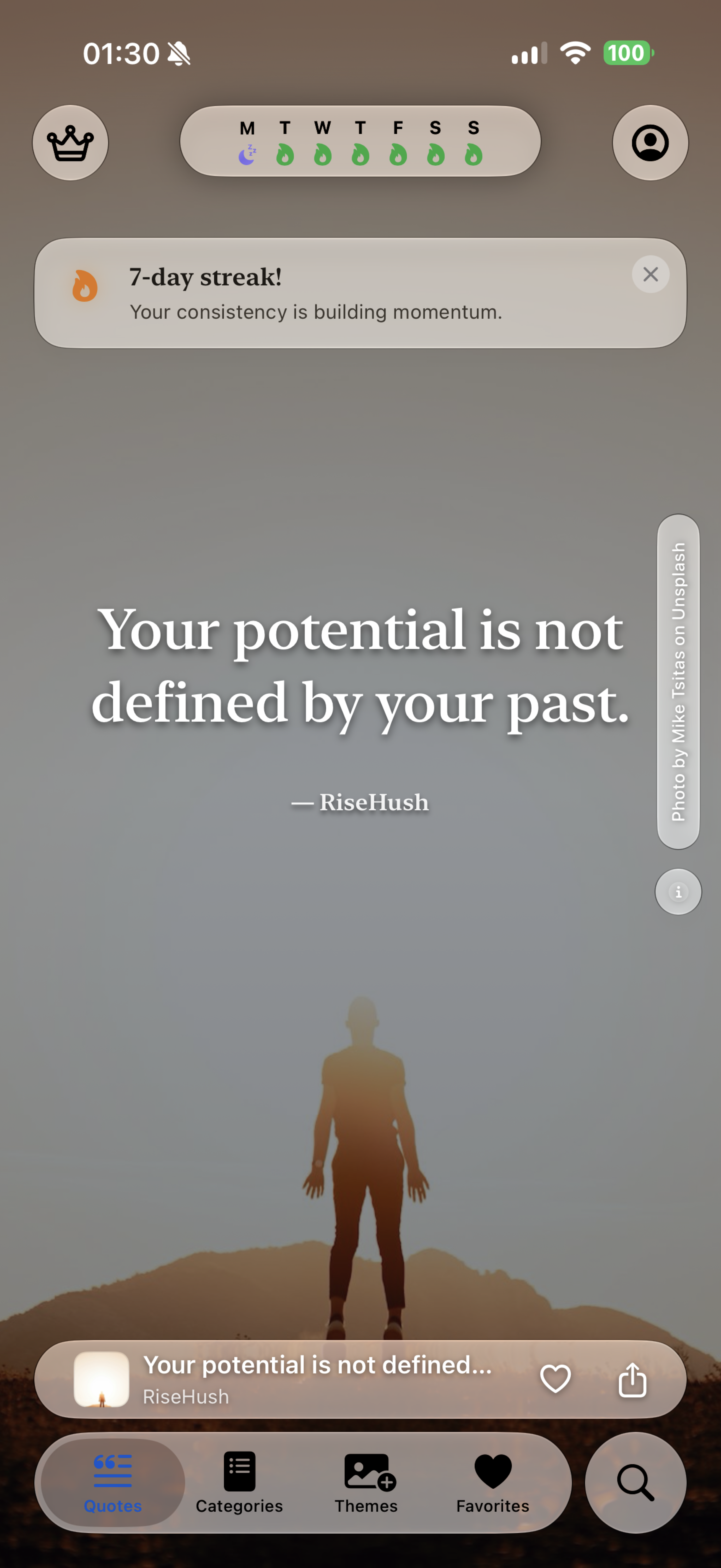 RiseHush quote feed on a supported device — a verified quote typeset over an ambient theme (1/8)