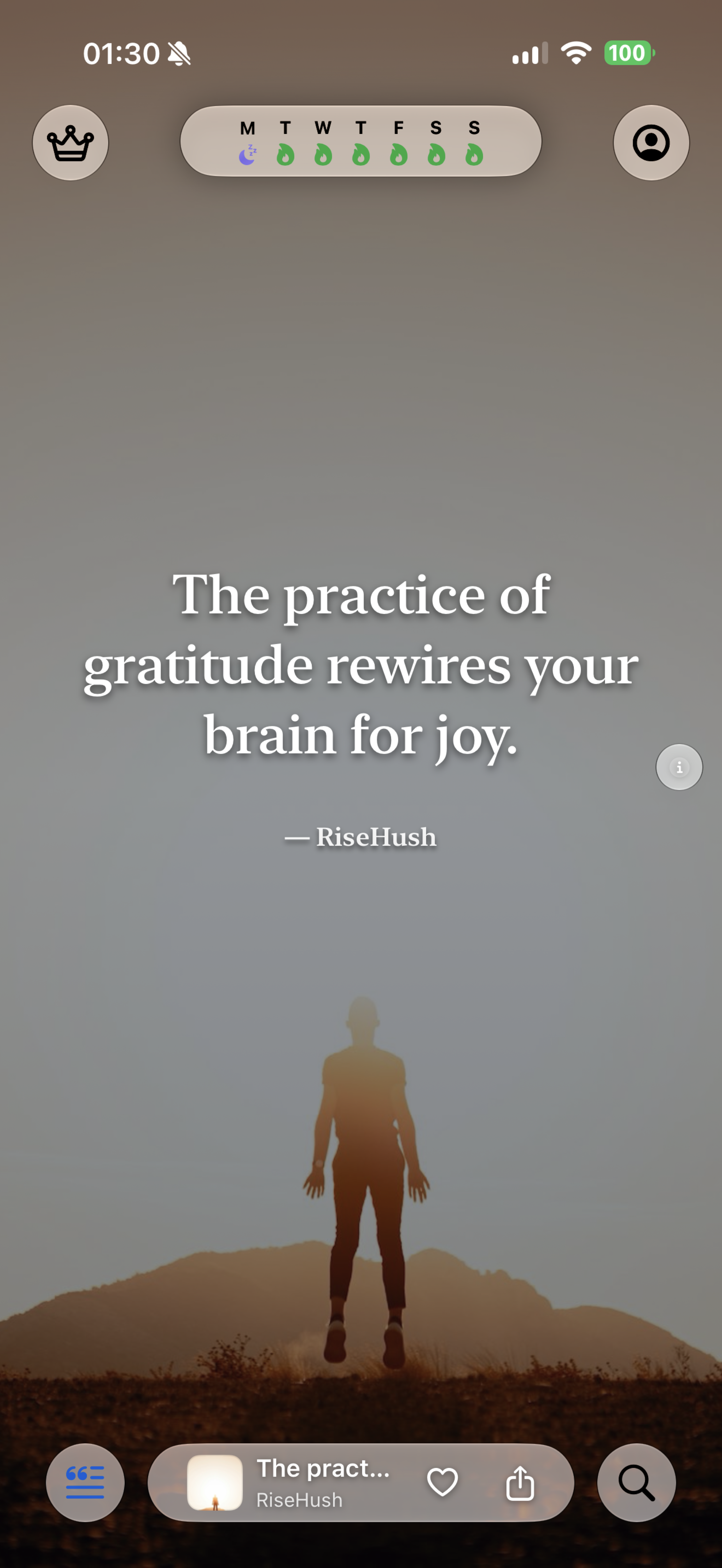 RiseHush quote feed on a supported device — a verified quote typeset over an ambient theme (5/8)