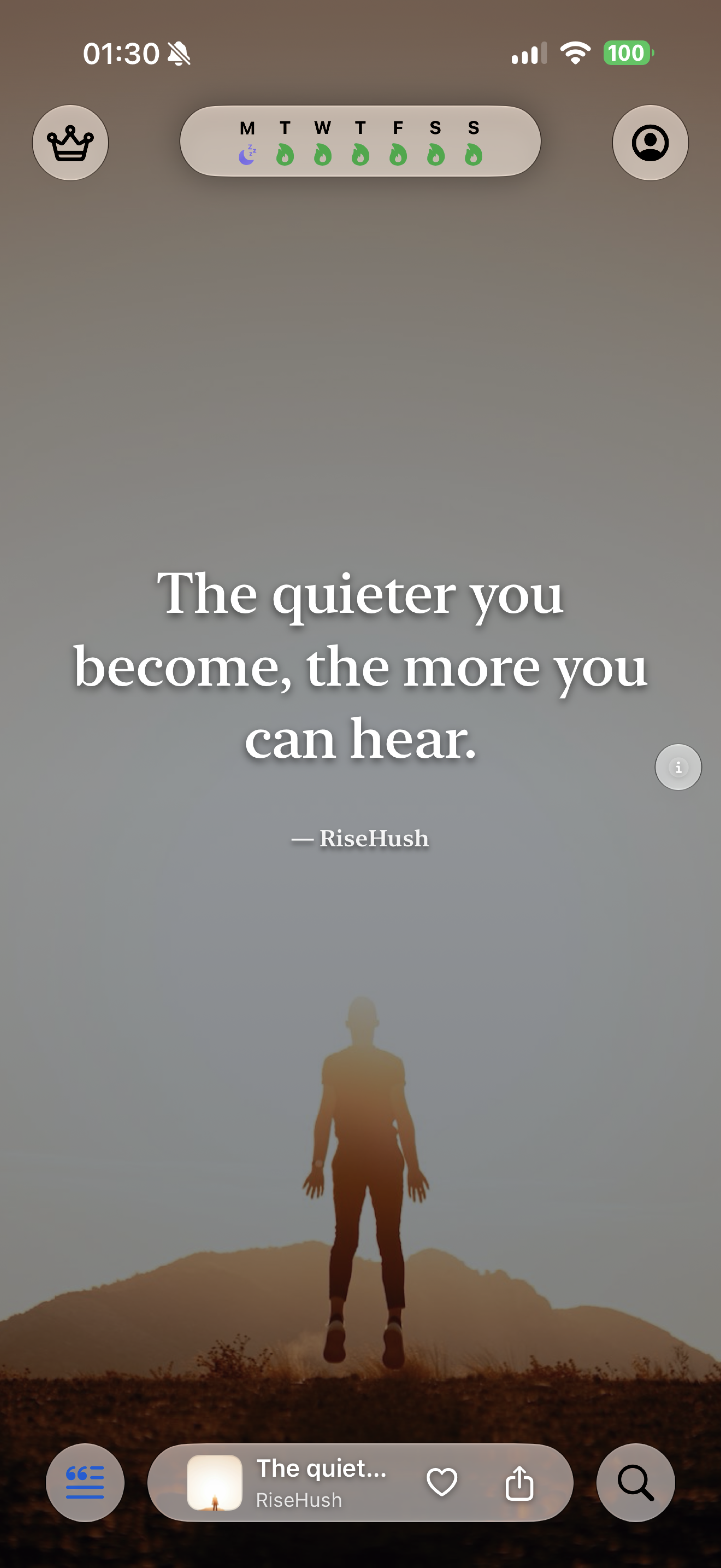 RiseHush quote feed on a supported device — a verified quote typeset over an ambient theme (7/8)