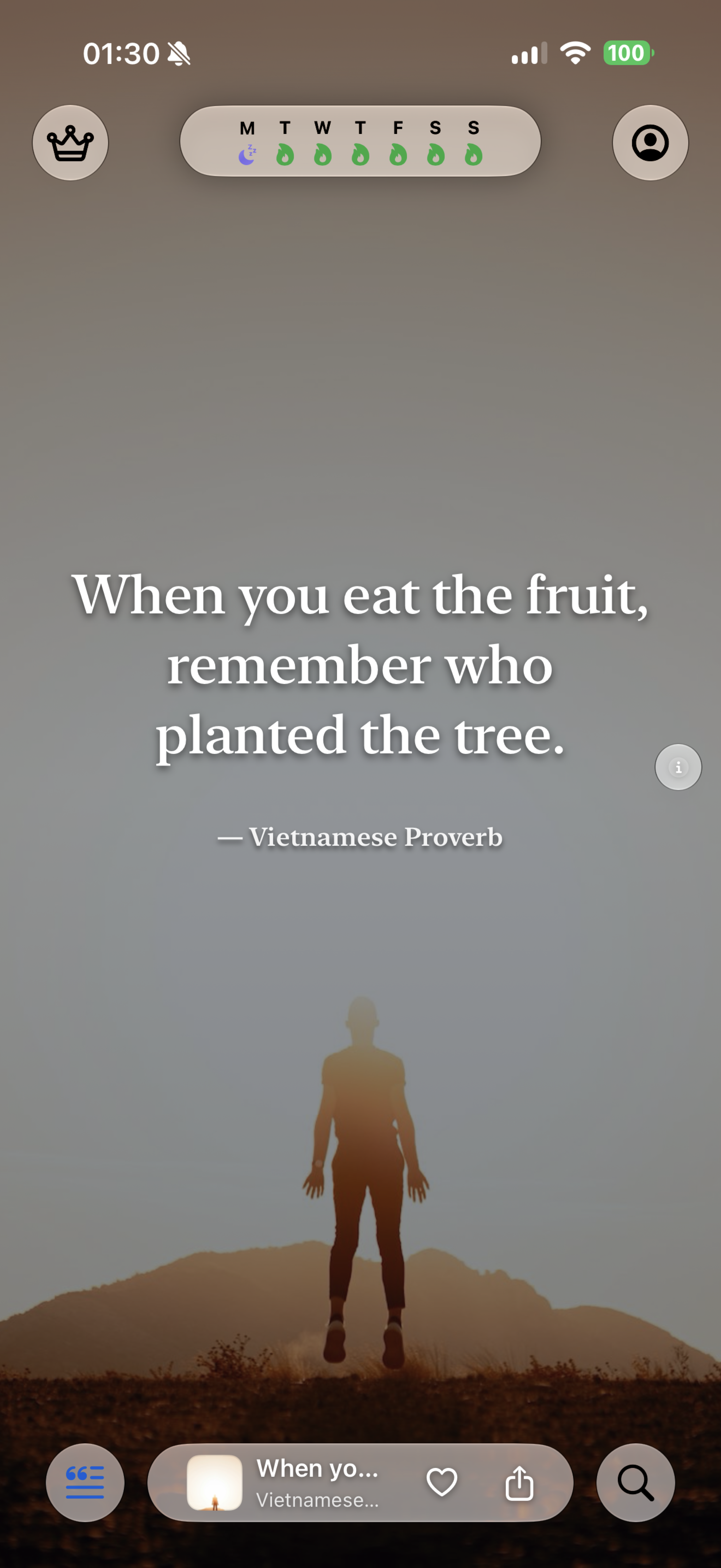 RiseHush quote feed on a supported device — a verified quote typeset over an ambient theme (8/8)